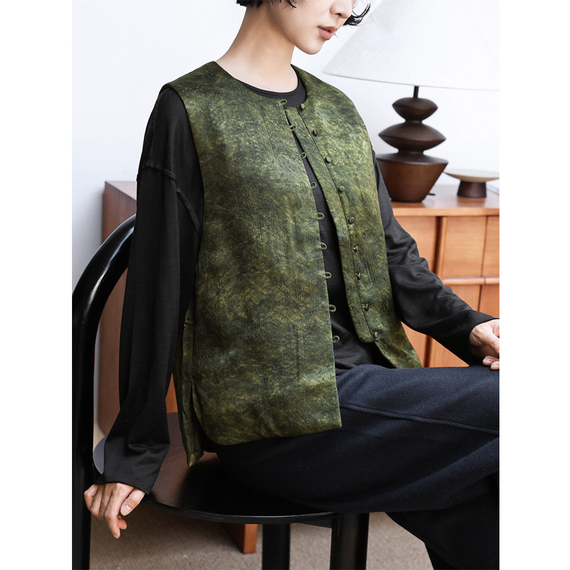 真丝对襟盘扣羊毛填充夹棉马甲女