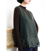 KAKA巴黎单美丽诺羊毛薄呢拼蕾丝V领名媛老钱风无袖 宽松背心马甲