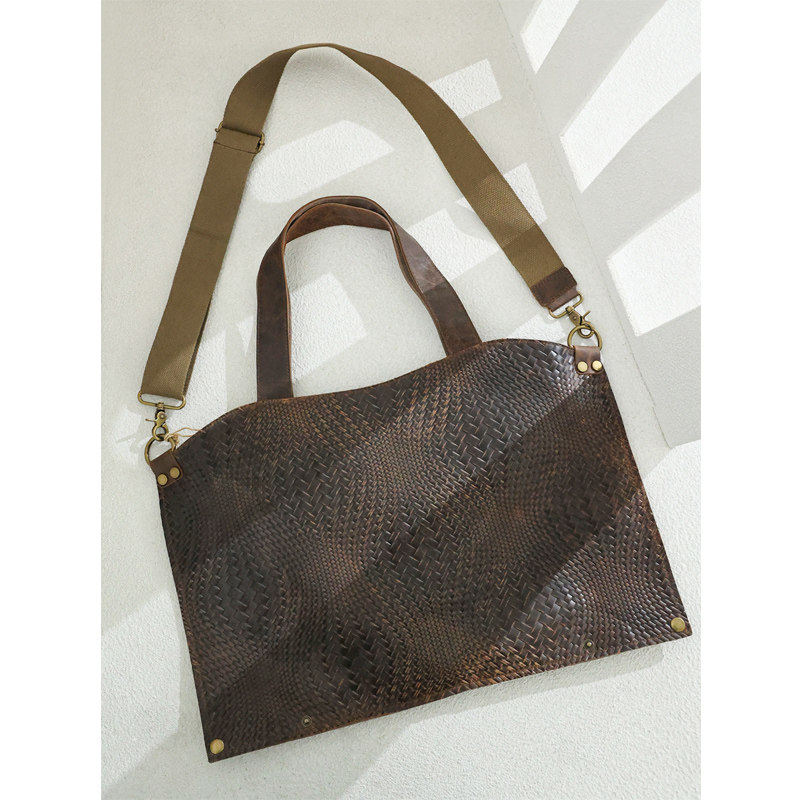 KAKA 欧洲客单款编织牛皮拼帆布单肩斜跨手提复古大容量托特包女