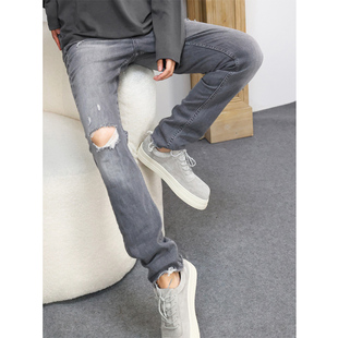 铅笔牛仔裤 KAKA 小脚裤 棉弹水洗破洞毛边痞帅高腰修身 女特 英单款