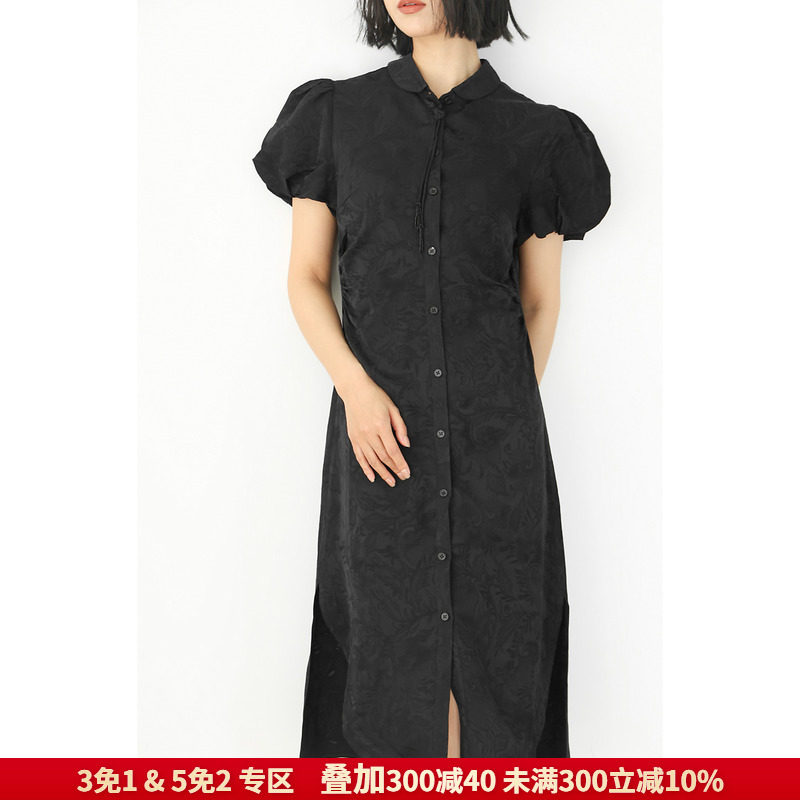 黑天鹅姿态~法柜款凤尾暗花彼得潘翻领泡泡袖修身a字连衣裙kaka特