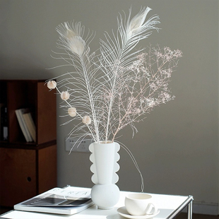 米白孔雀羽毛插瓶摆件干花搭配中古家居店铺软装灵动飘逸装饰ins