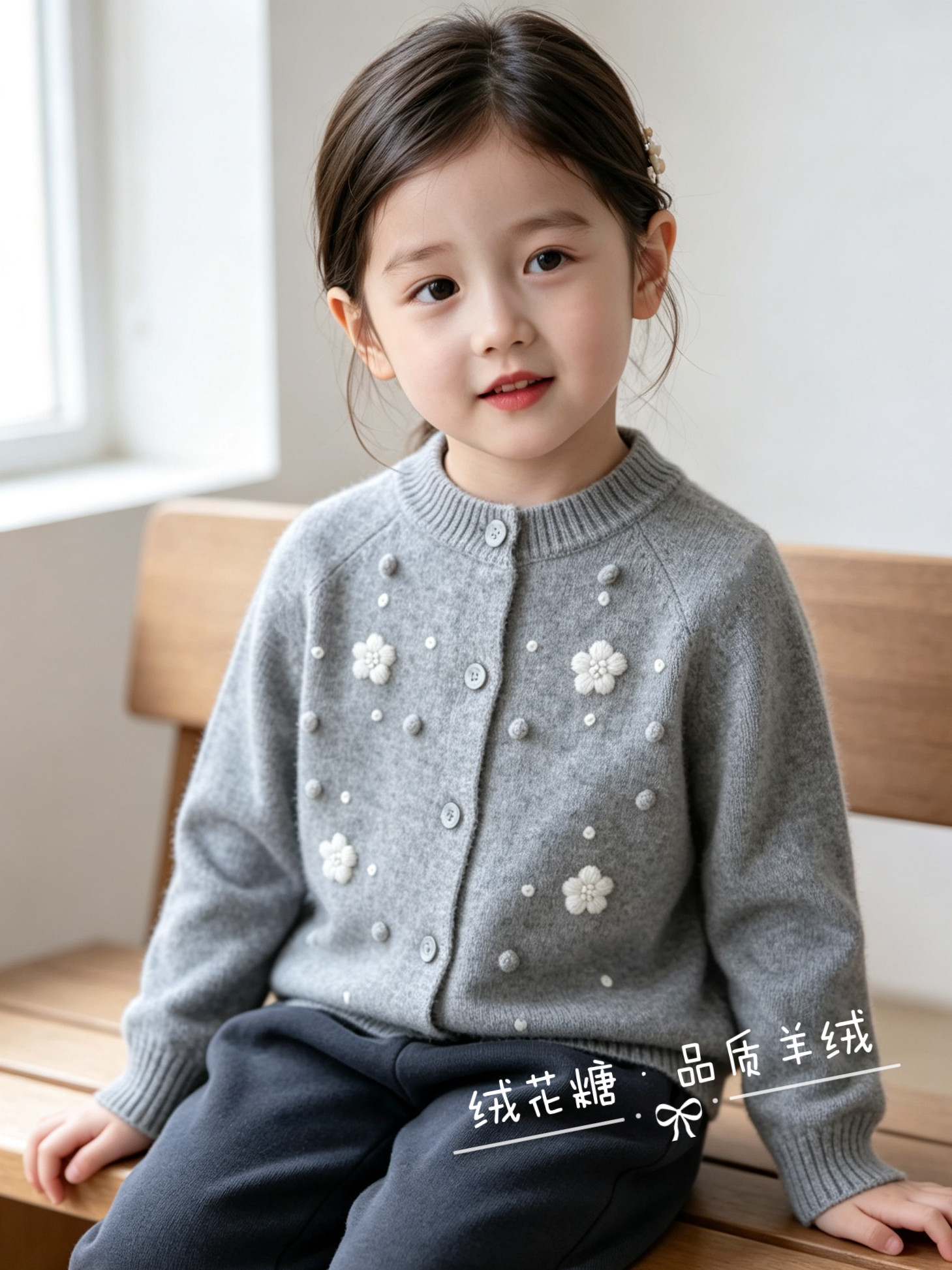 洪叶云台洋气儿童羊绒开衫婴幼儿毛衣女宝宝针织女童外套手工绣花