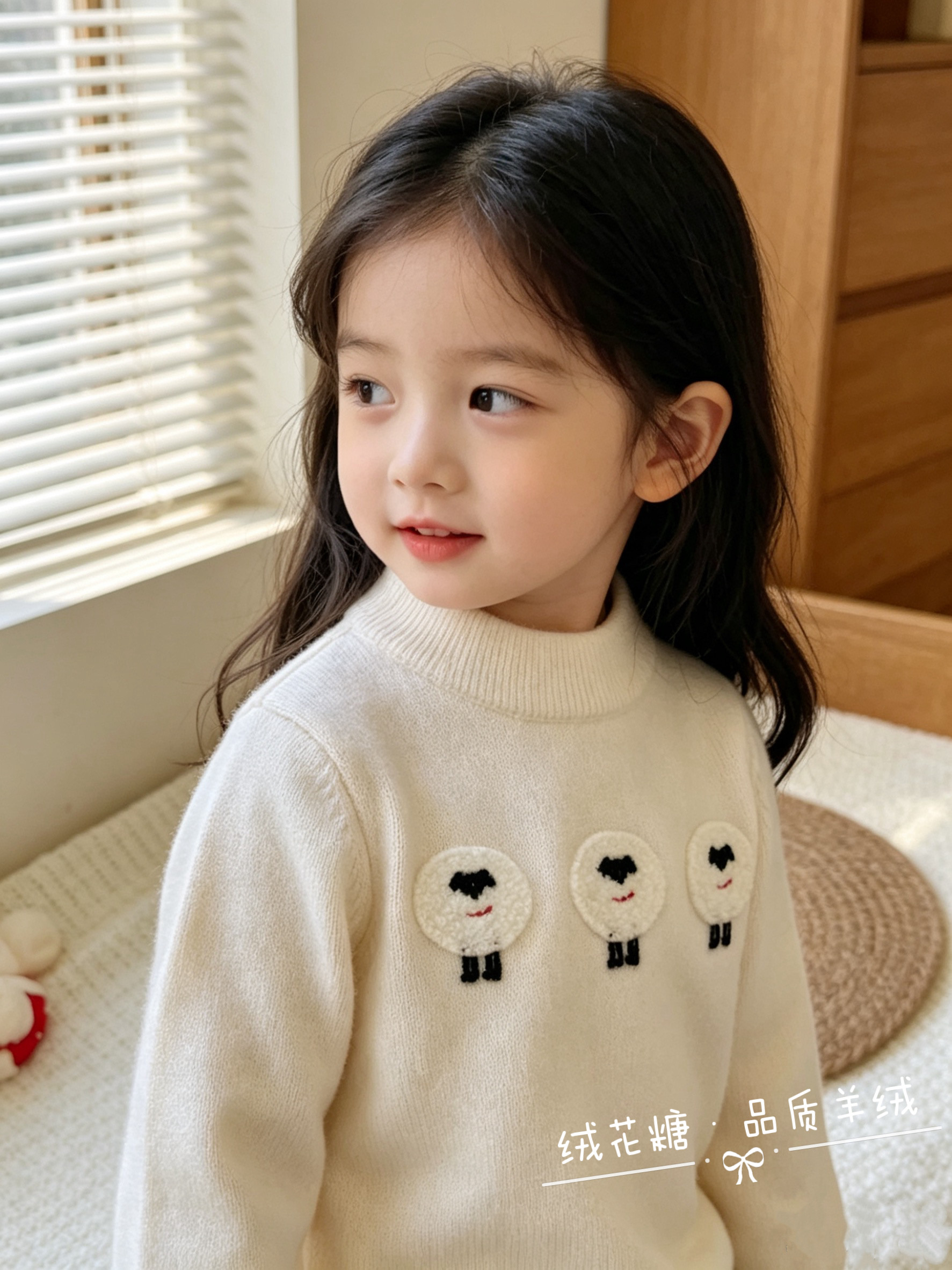 洪叶云台可爱儿童羊绒衫白色加厚保暖秋冬女宝宝婴幼儿毛衣针织衫