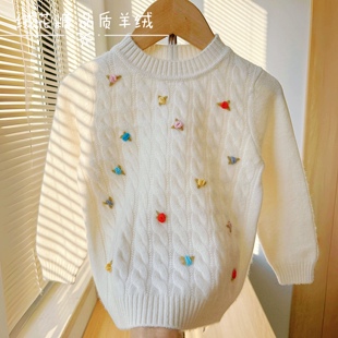 康赛妮洋气绣花儿童纯衫羊绒衫女童毛衣加厚女大童针织衫100白色
