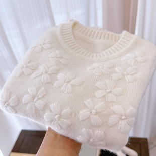 女童羊绒衫毛衣秋冬款白色儿童针织中大童宝宝圆领套头加厚洋气