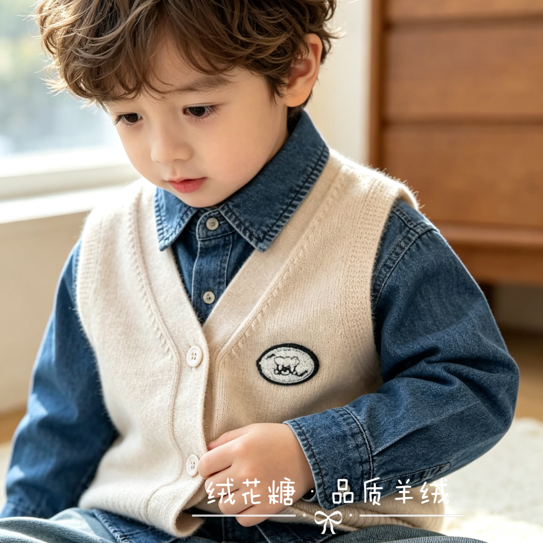 洪叶云台宝宝v领针织羊绒马甲