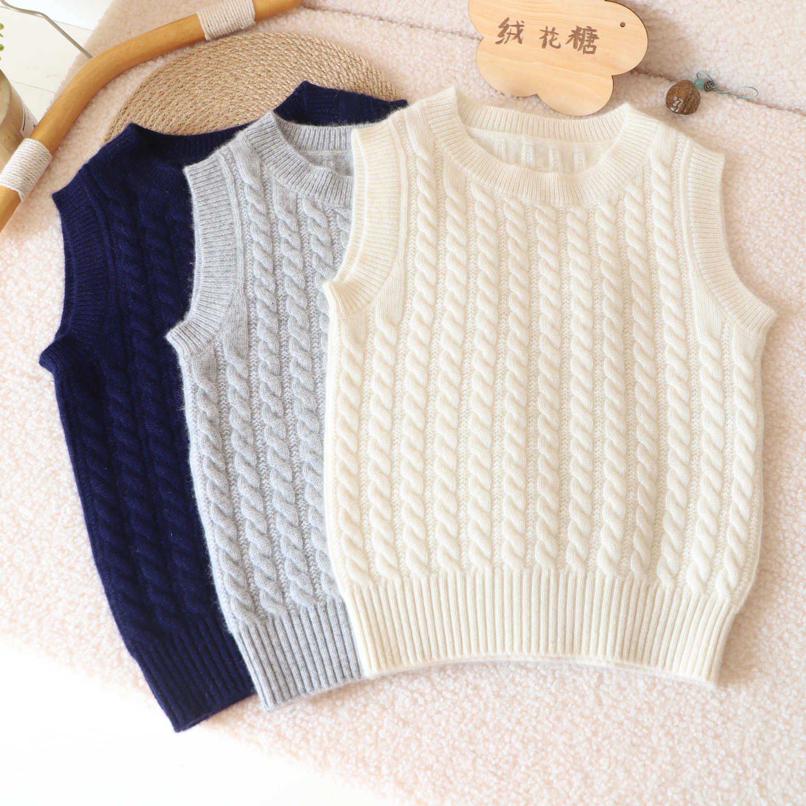 自制100纯山羊绒儿童针织马甲男童毛衣背心女童坎肩宝宝毛线毛衣