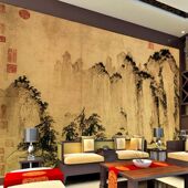 山水国画墙纸中式 饰画 壁画背景墙壁纸墙布客厅书房复古餐饮酒楼装