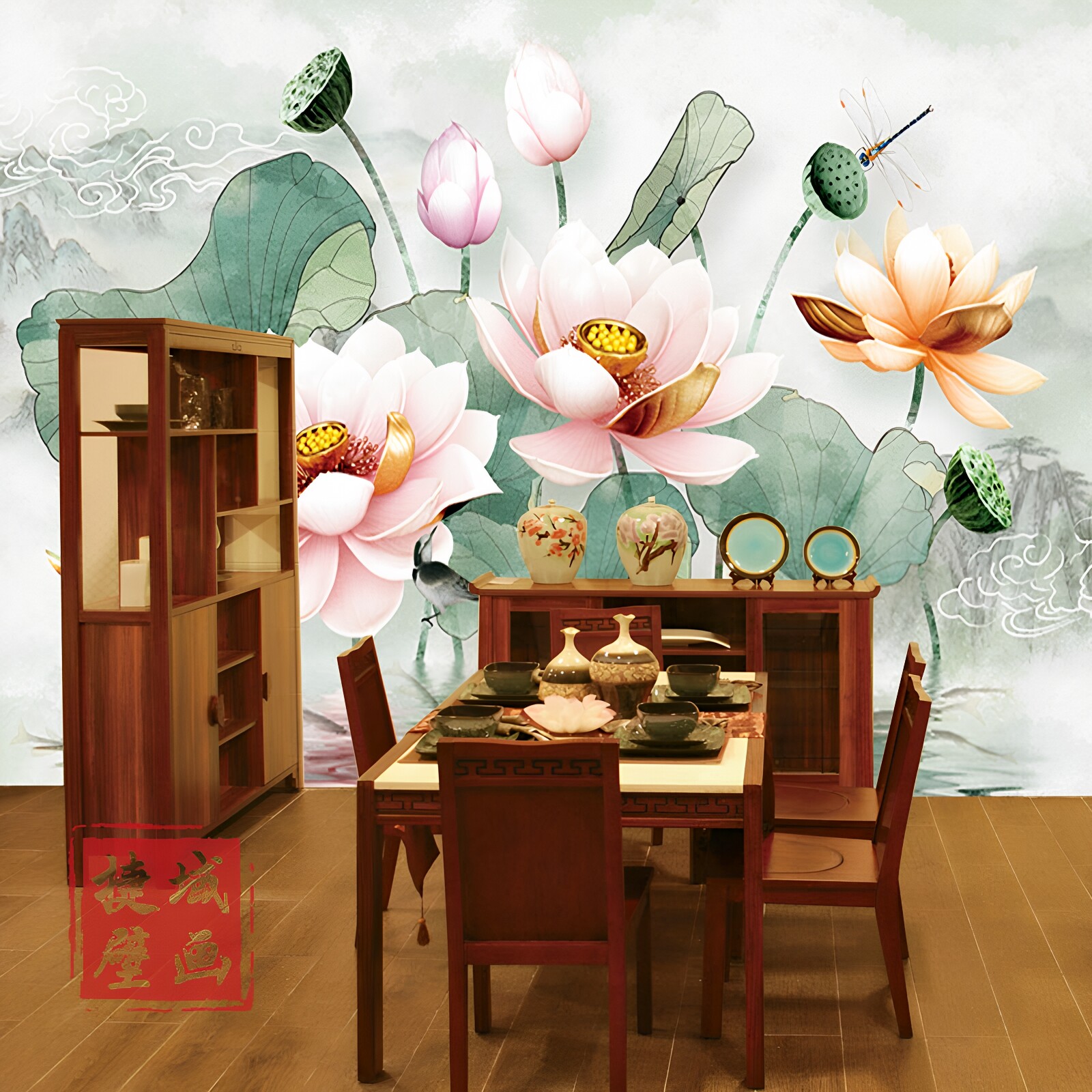 荷花禅字墙纸现代中式禅意壁画瑜伽馆客厅背景壁纸佛堂寺庙墙布