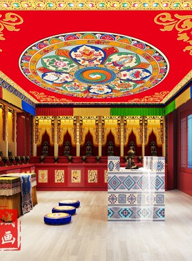 藏式吊顶墙纸佛堂佛像唐卡客厅壁纸大型无缝壁佛堂画吉祥八宝墙布