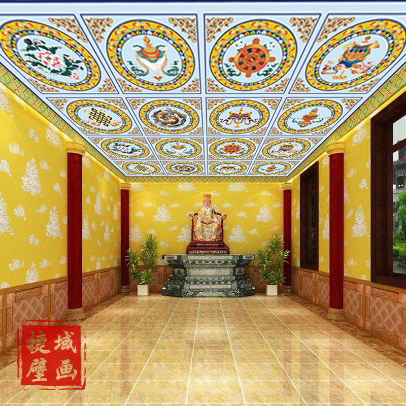 藏式唐卡墙纸民族坛城墙布金色莲荷花吊顶壁纸佛堂天花板酒店壁画
