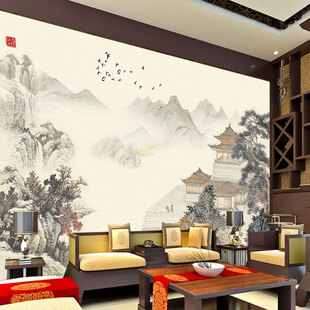3D宋氏美学壁布复古山水画墙纸客厅背景装饰民宿墙布禅意壁纸壁画