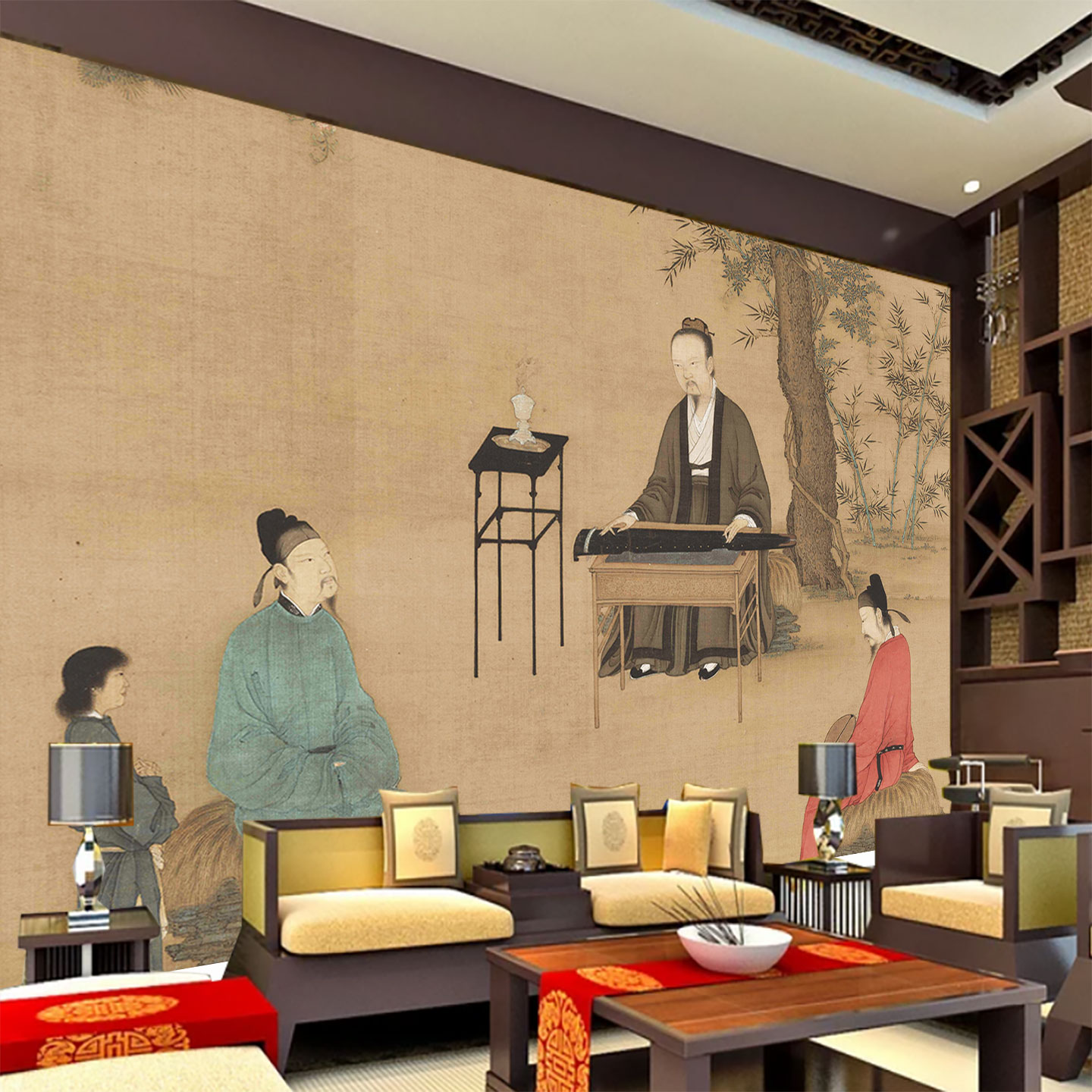 古代美女图仕女图墙纸人物中式古典国画壁纸酒店茶楼宾馆包房背景