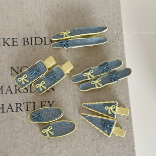 复古牛仔蓝发夹女蝴蝶结黄色侧边刘海夹子高级感碎发鸭嘴夹