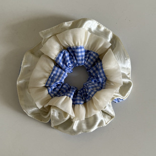 韩国甜美蓝色格子串珠重工大肠发圈宽边发箍女爱心蕾丝方巾珍珠蝴