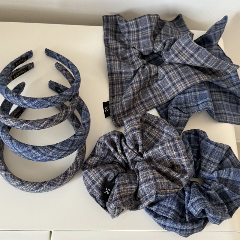 韩系蓝灰格纹大肠发圈发箍头箍秋冬发绳丸子头绳皮筋发饰