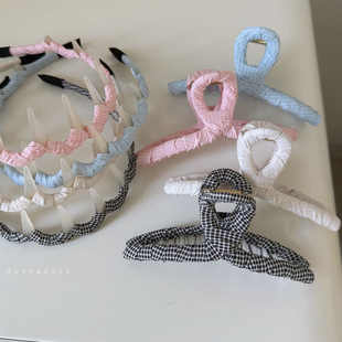 小清新格纹缠绕抓夹甜美蓝格子发抓发箍发卡后脑勺鲨鱼夹发饰头饰