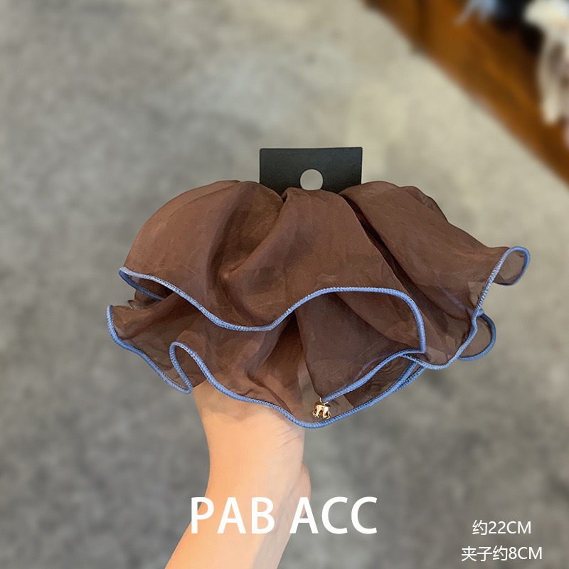 韩国棕蓝蓬松网纱咖色一字弹簧夹质感莫兰迪包边半扎后脑勺发夹子