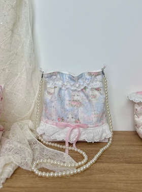 2026新款印花帆布蓝色布偶蔷薇福袋包蕾丝单肩斜挎包女包小包遛弯