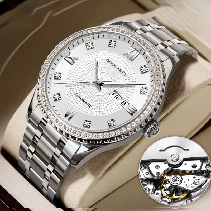 布加雷假防机械表新款男士手表防水夜光日历镶砖抖音快手一件代发