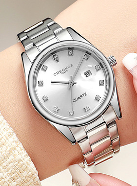 新品CHRONOS女士手表 精钢表带防水镶钻石英女表 时尚休闲手表女