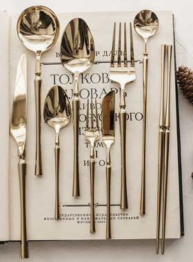 304不锈钢ins法式轻奢复古钛金色小蛮腰意面叉西餐勺甜品勺水果叉