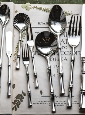 18-10不锈钢ins设计师竹节复古风主餐勺叉/甜品勺叉/西餐具套装