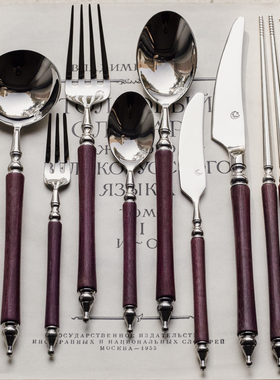 304不锈钢法式轻奢复古/紫罗兰木柄西餐套装主餐勺意面叉甜品勺叉