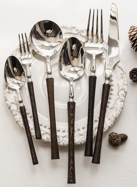 304不锈钢vintage法式轻奢复古ins小蛮腰木柄贵族西餐叉圆汤勺