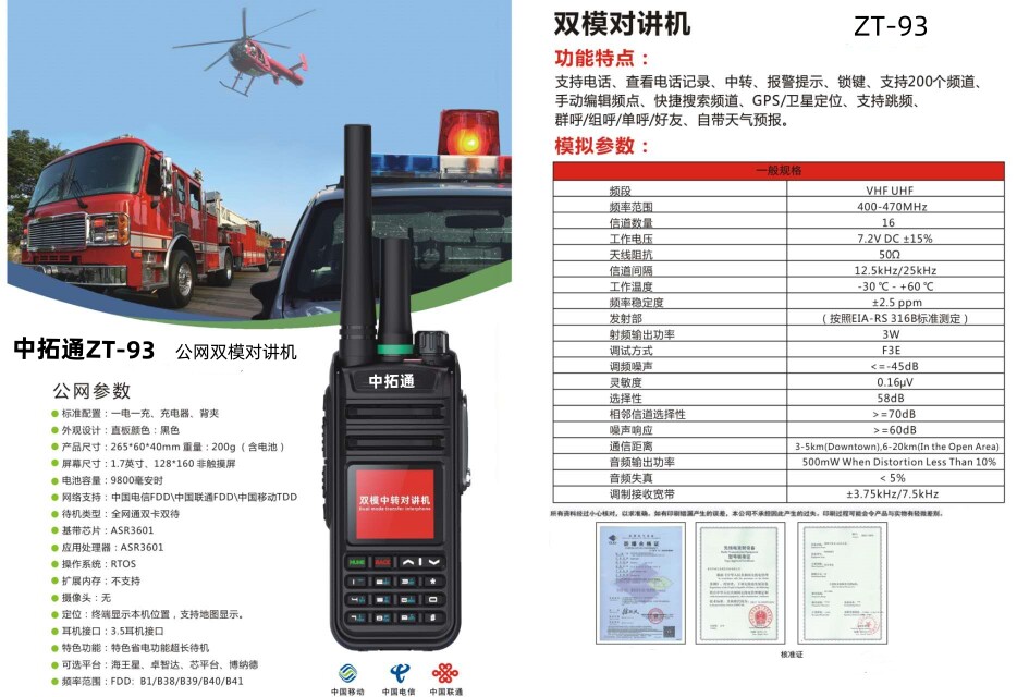 中拓通ZT-93双模4G5G插卡公网加模拟对讲机