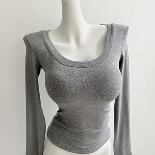 自留款 T恤亲肤好穿内搭打底女 基础Bi备带垫性感U领双层加厚长袖