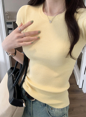 chao火鹅黄上衣！软糯针织T恤美式辣妹正肩修身显瘦短袖T恤女2025