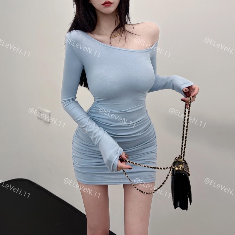 值得入！韩版纯欲小心机性感斜肩长袖连衣裙时髦修身弹力打底短裙