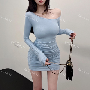 值得入！韩版纯欲小心机性感斜肩长袖连衣裙时髦修身弹力打底短裙