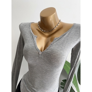 T恤打底衫 热销韩国东大门 长袖 舒适微透修身 MJ111性感半开领显胸