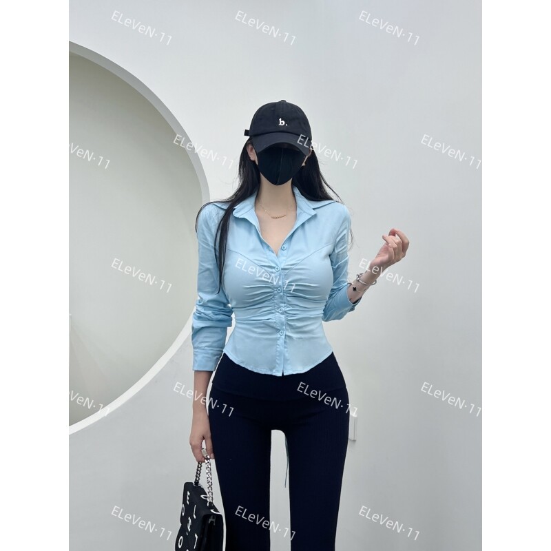 春秋新款时尚洋气百搭后背系带修身显瘦长袖衬衫女免烫抗皱上衣女