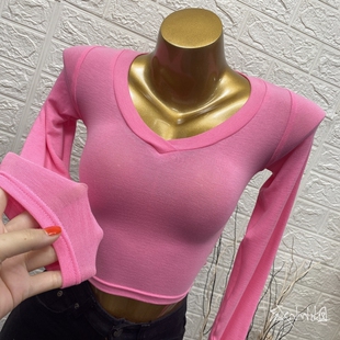 T恤打底衫 长袖 2020 韩国热销女微透性感V领显胸紧身短款 性感全开