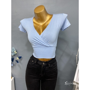 深V领紧身短袖 自留款 交叉显胸打底衫 性感微透薄款 t恤韩国INS BI入