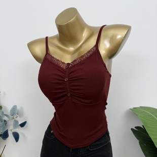 性感外扩显胸型 上衣背心吊带女 日常百搭蕾丝拼接螺纹带胸垫短款