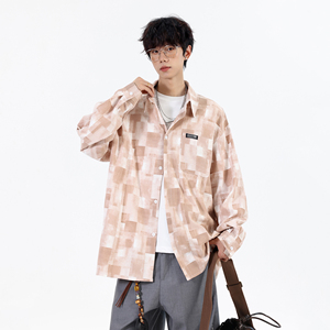 短改长 春装新款墨染格纹大码宽松长袖衬衫 CXS20 P58 控78，男装衬衫，电商A031