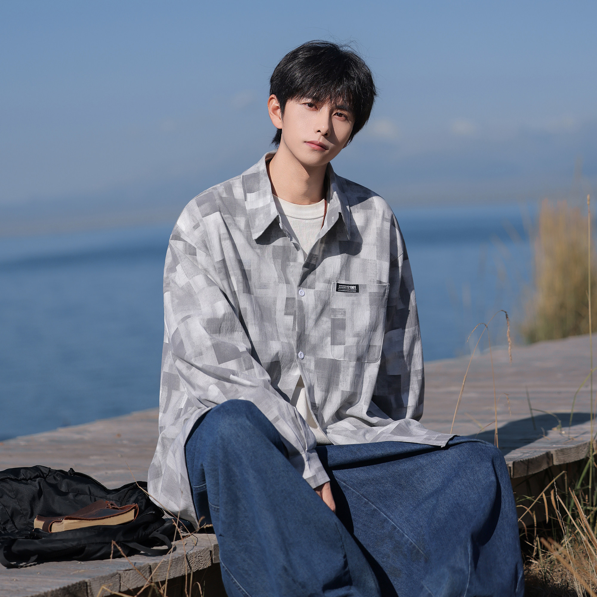 短改长春装新款墨染格纹大码宽松长袖衬衫CXS20P58控78，男装衬衫，电商A031