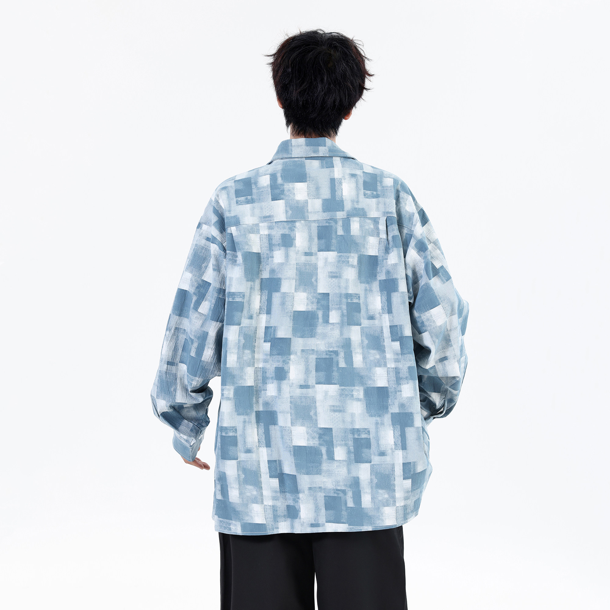 短改长秋装新款墨染格纹大码宽松长袖衬衫CXS20P58控78,男装衬衫,电商A031