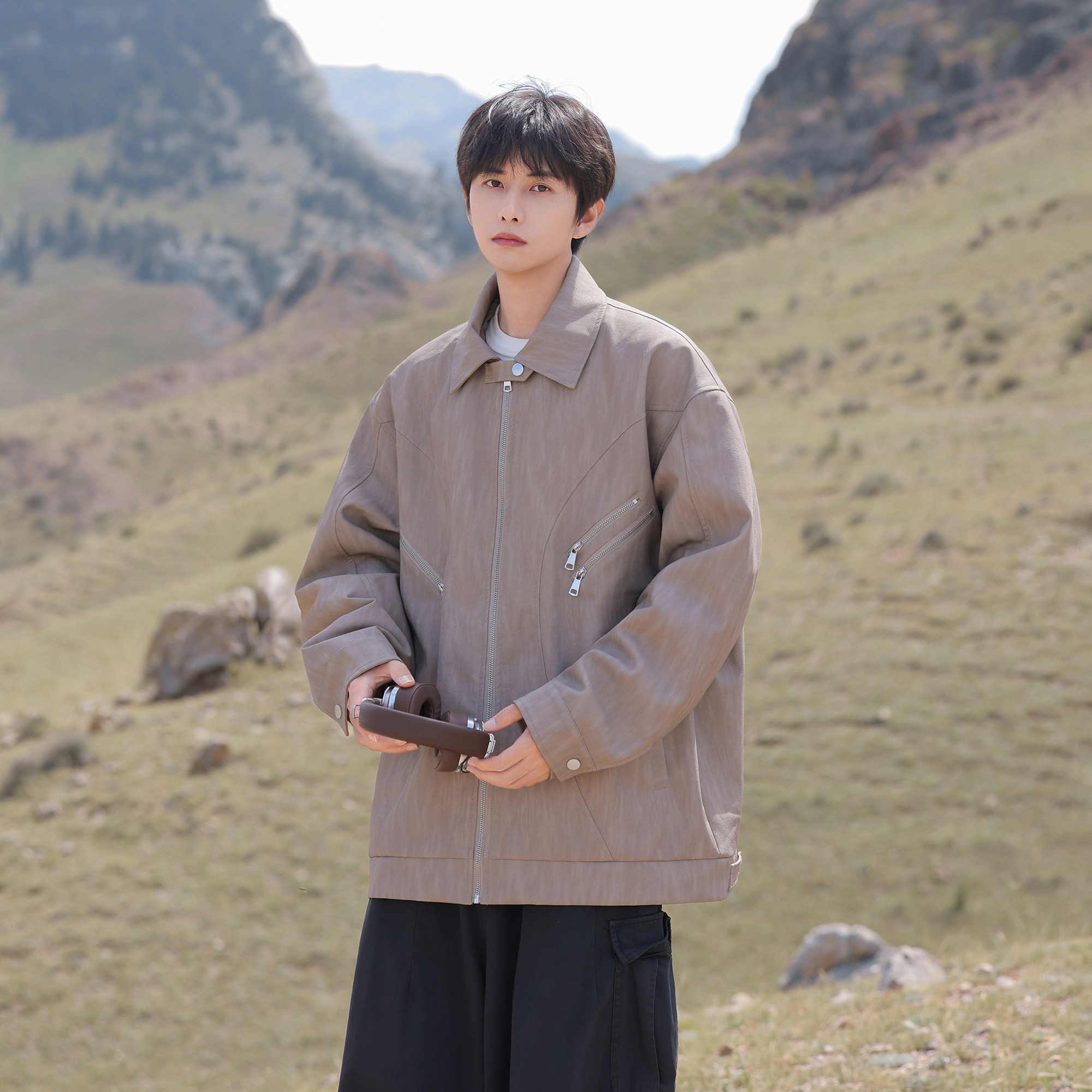 多拉链2025秋装新款大码印花宽松皮衣夹克外套JK130P98控158，男装皮衣，电商A031