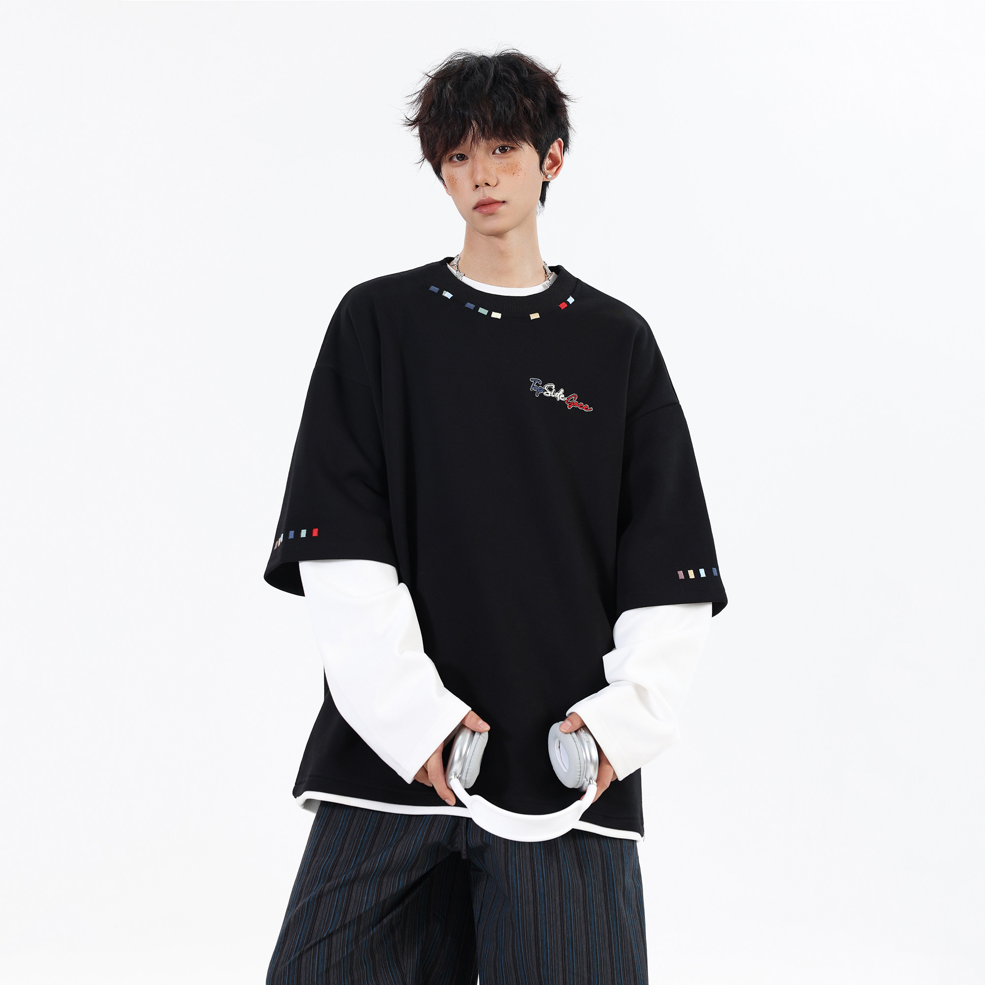 趋势2026春装新款大码宽松假两件卫衣外套JK106P68控98，女装短外套，电商A031