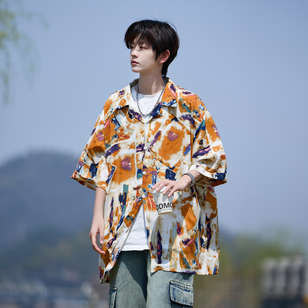 主推涂鸦印花2025夏季新款宽松大码冰丝短袖衬衫CS23P40控58，男装T恤，电商A031