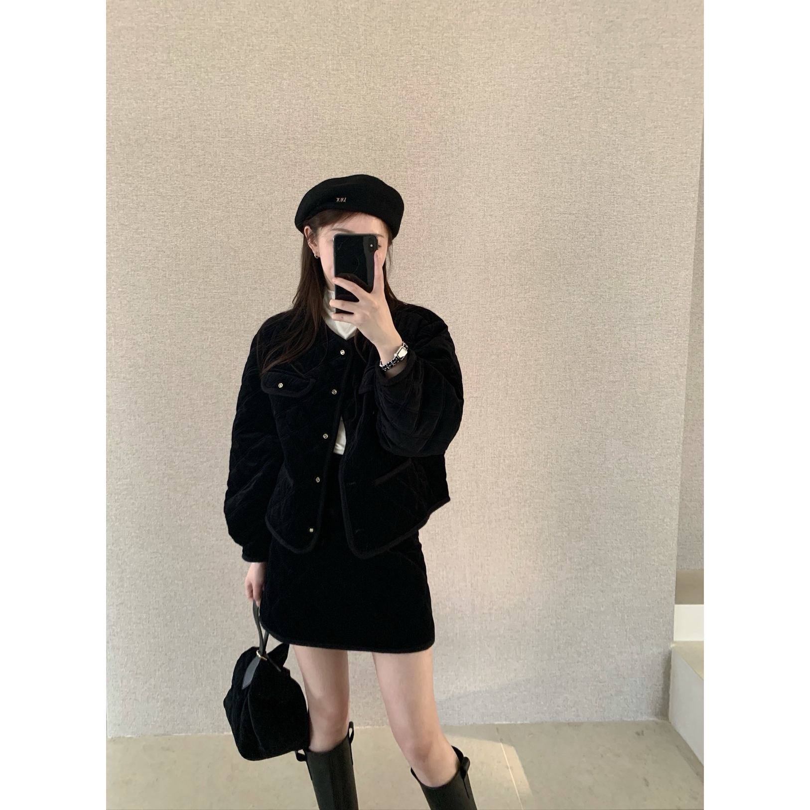 poisooo-丝绒质地格纹保暖棉服外套(配精致手提包)(显贵)PSY9112