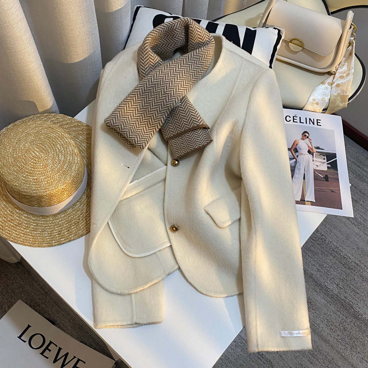 米白色高级感女神范双面呢短外套女2024秋冬新款气质女神范上衣潮