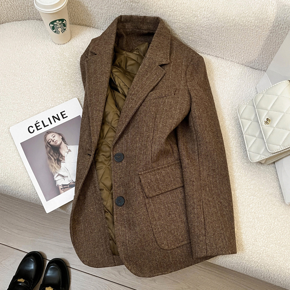2024冬季新款棕色复古西装外套女内里夹棉英伦风韩系宽松加厚西服