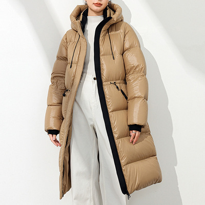 90%白鹅绒冬季新款亮面加厚抗寒修身收腰中长款羽绒服女保暖外套